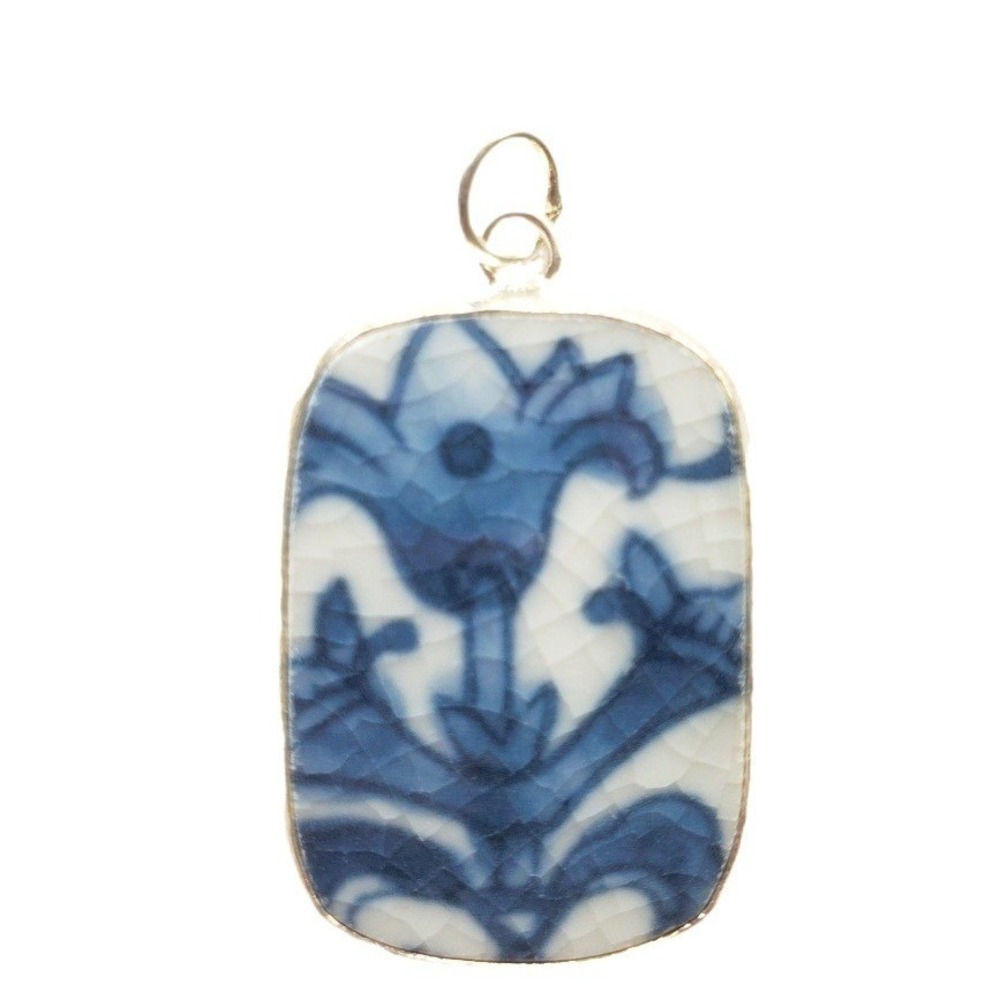 Ming Blue & White China Pendant - Floral Pottery Shard Focal for Flower Jewelry
